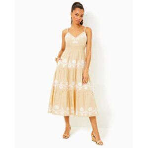 Lilly Pulitzer Aviary Sundress Maxi Womens Embroidered Cotton Midi Sz 2 Sand Bar